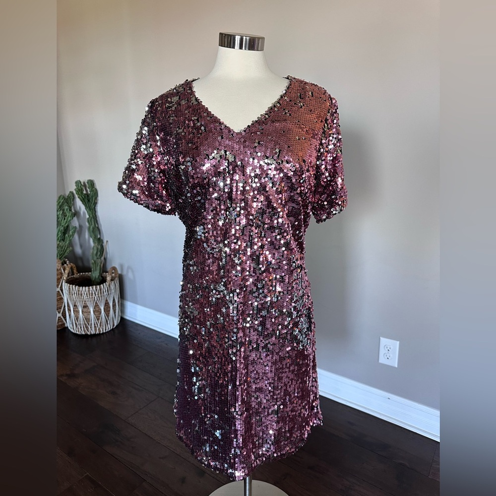 Universal Standard x J.Crew T-Shirt Dress V-neck NYE Date Night Pink Sequin LG - Picture 5 of 17